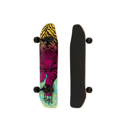Rayne Tiger longboard complete, bottom with a pink and yellow tiger graphic beside the black griptape top