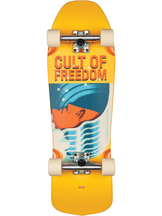 Globe Blaster longboard complete, yellow bottom with the Cult of Freedom graphic and cream wheels