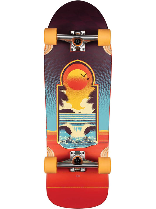 Globe Aperture longboard complete, bottom with a sunset and waves graphic in red, orange and teal and orange wheels