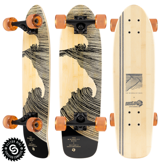 Sector9 Bambino Combo longboard complete, three views of the bamboo deck with a black wave graphic and orange wheels