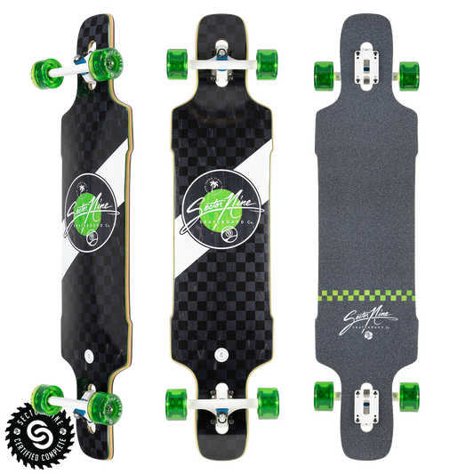 Sector9 Mosaic Dropper longboard complete, three views with a black checkered bottom, white lines, a green logo circle and green wheels