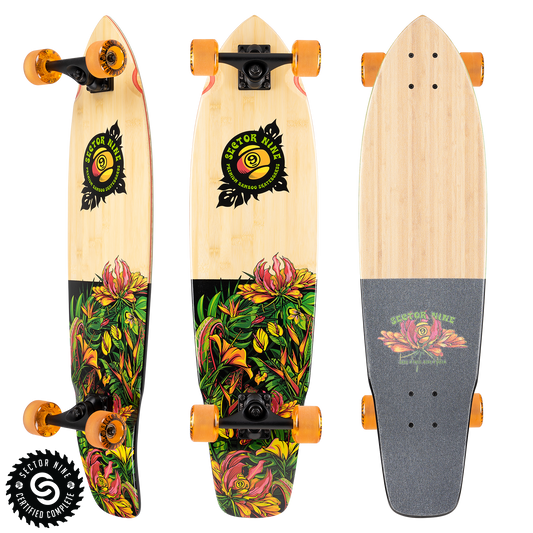 Sector9 Eden Ft. Point longboard complete, three views of the bamboo deck with a tropical flower graphic and orange wheels