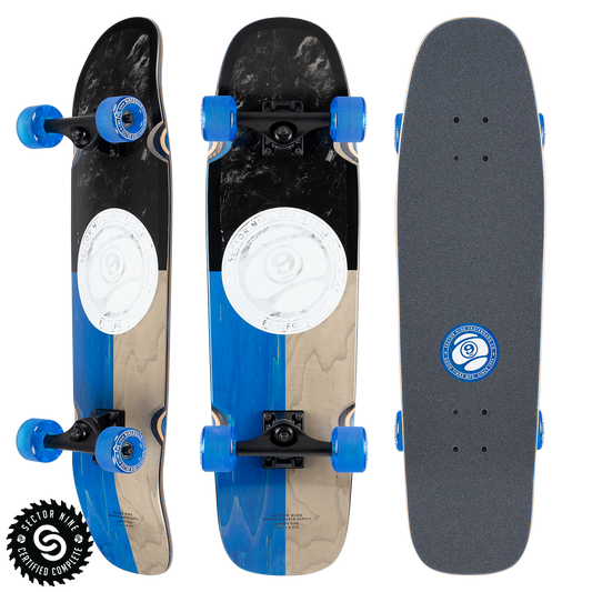 Sector9 Ninety Five Divide longboard complete, three views with a split blue and natural bottom, a white circle graphic and blue wheels