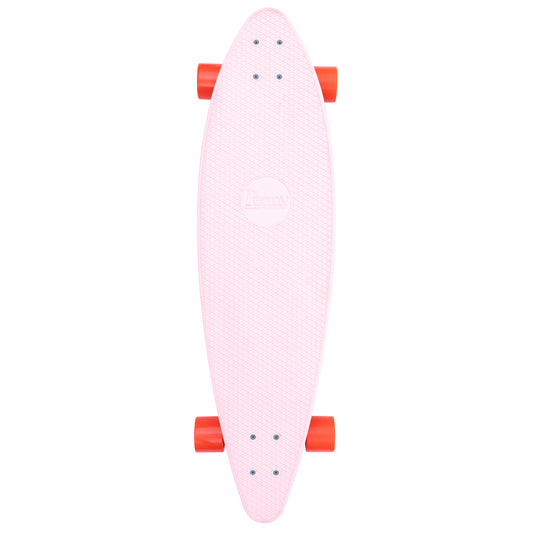 Penny Cactus Wanderlust 36 inch longboard, top view of the pink deck with orange wheels