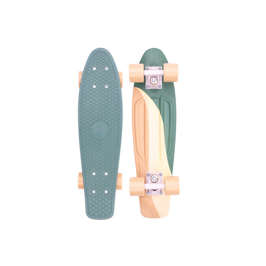 Penny Swirl 22 inch complete, top and bottom views of the sage green deck with a cream and peach swirl and peach wheels