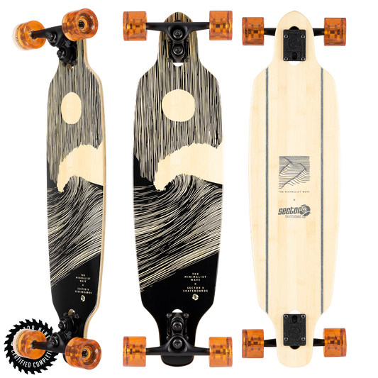 Sector9 Shoots Full Moon longboard complete, three views of the bamboo deck with a black wave and moon graphic and orange wheels