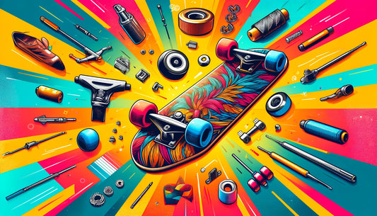 Featured image for LocoSonix blog post on choosing the first skateboard for beginners, showcasing various skateboard parts including the deck, trucks, wheels, bearings, hardware, and griptape against a vibrant and dynamic background