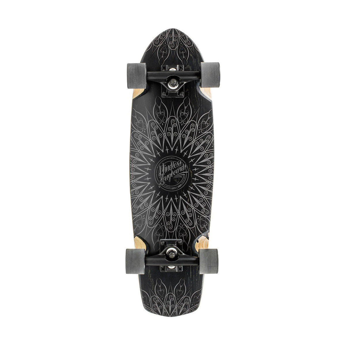 Mindless Mandala cruiser longboard complete, bottom with a black mandala pattern and black trucks