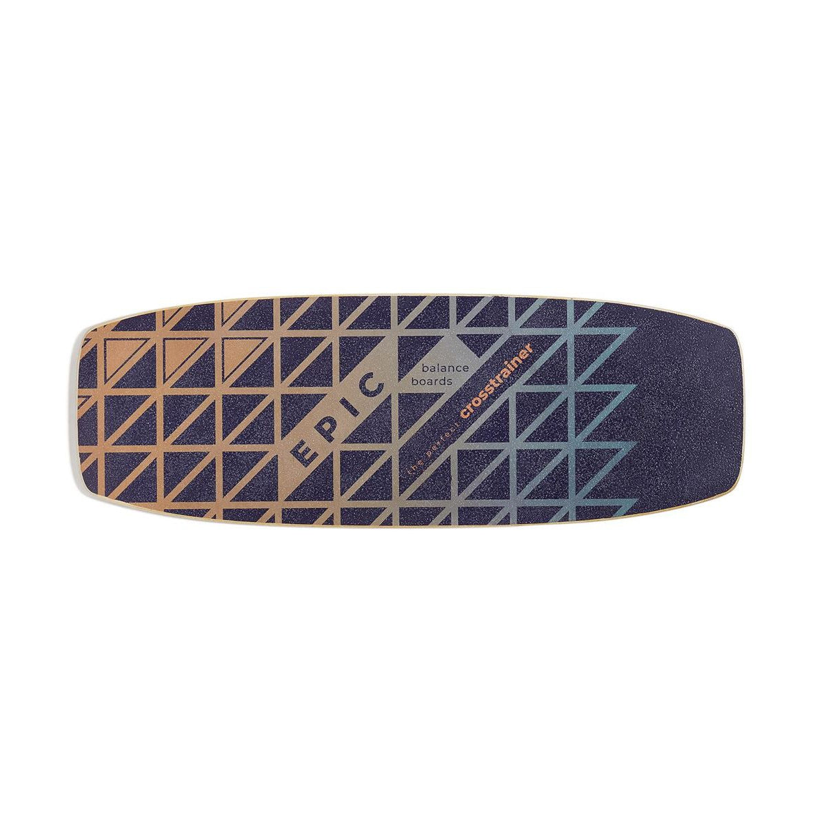 Epic Fitness Gamma balance board, top view with a navy, tan and blue triangle pattern and the Epic logo