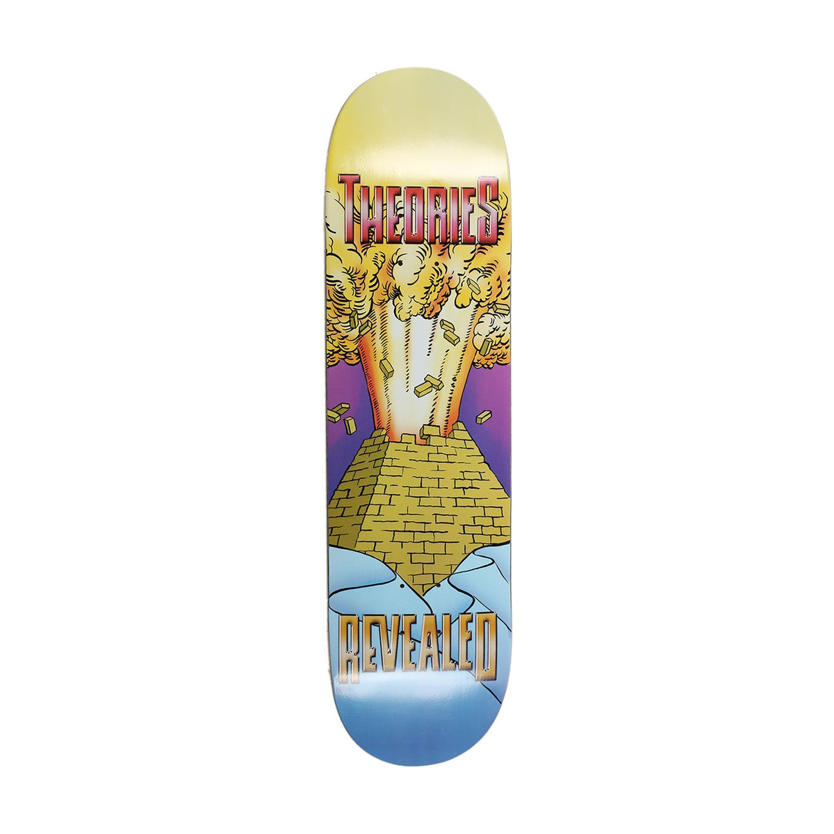 Theories Revealed skateboard deck, blue, yellow and purple graphic of a golden pyramid with Theories and Revealed lettering