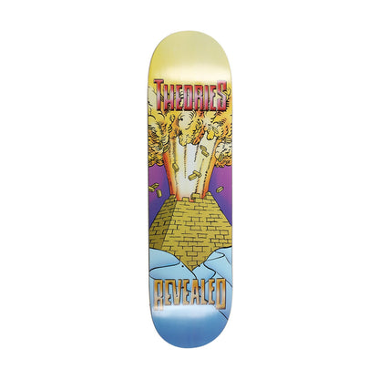 Theories Revealed skateboard deck, blue, yellow and purple graphic of a golden pyramid with Theories and Revealed lettering