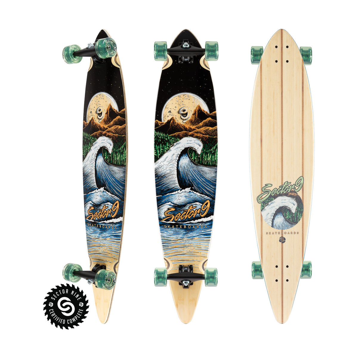 Sector9 Moonlight Maverick pintail longboard complete, three views with a wave and mountain graphic and green wheels