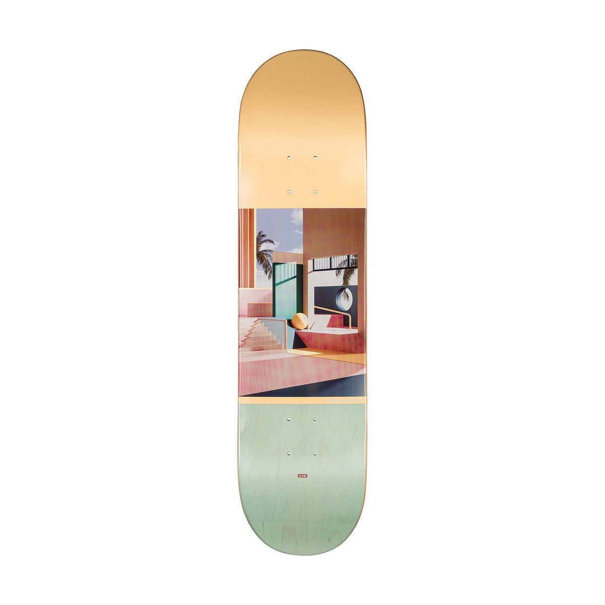 Globe G2 Tarka Park skateboard deck, bottom graphic with a room interior photo between a gold top and a mint green bottom