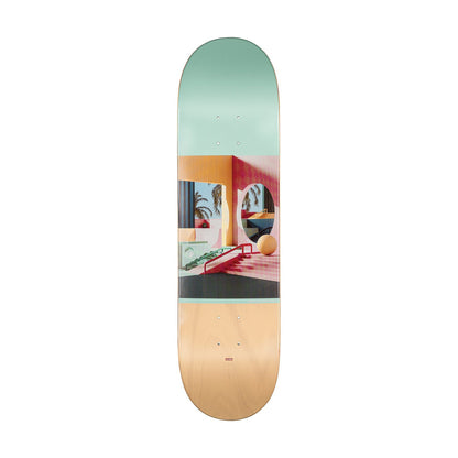 Globe G2 Tarka Plaza skateboard deck, bottom graphic with a red and orange building interior between a mint green top and natural wood