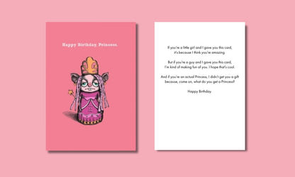 Bald Guy Happy Birthday Princess greeting card, front and inside