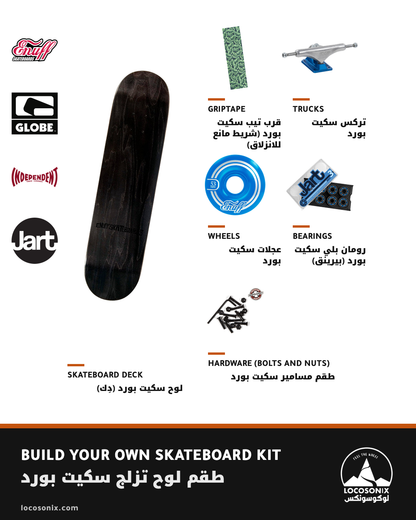 Build Your Own Skateboard Kit: Enuff deck, trucks and wheels, Jart bearings, Globe griptape and Independent hardware, shown together