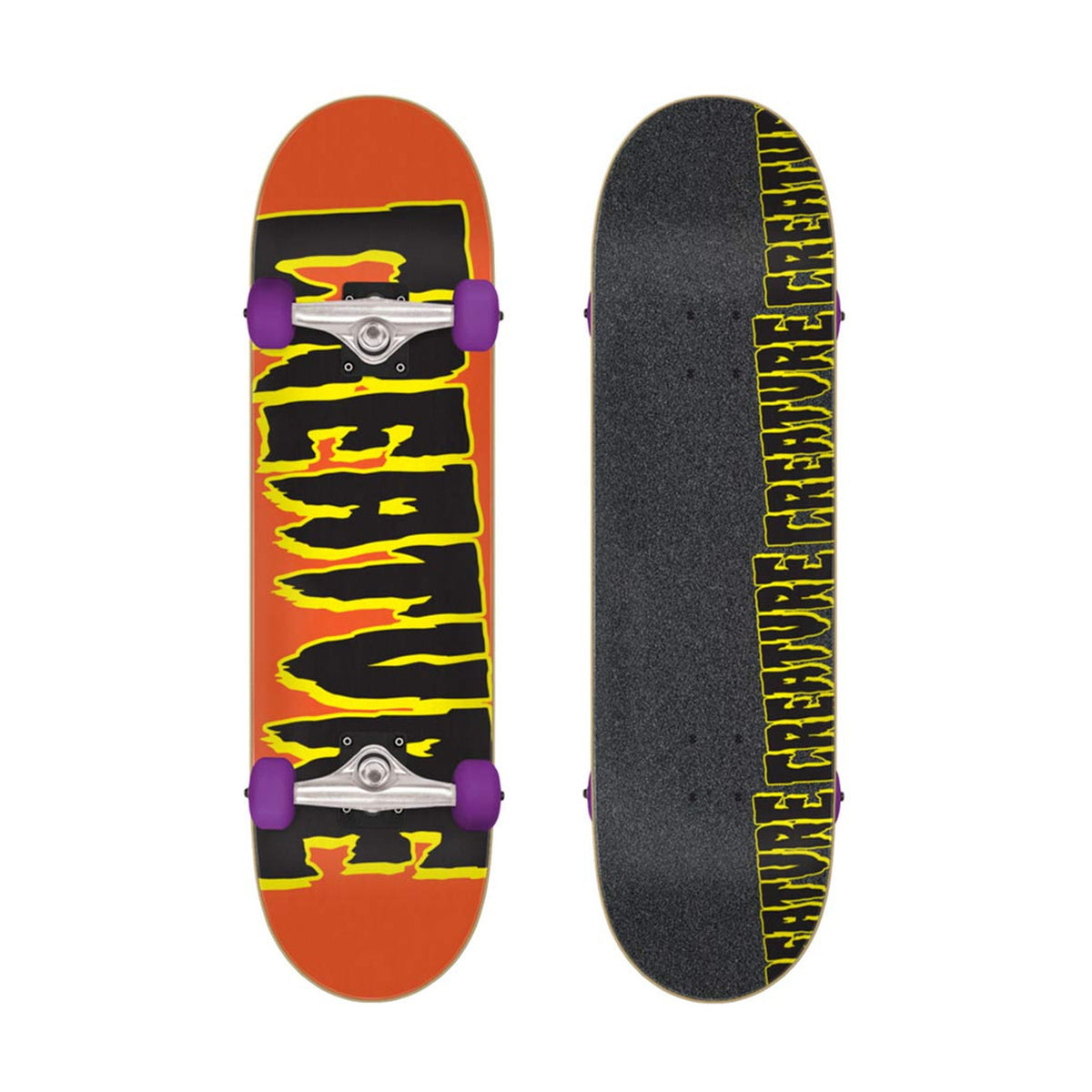 Creature Logo Micro skateboard complete in orange, top and bottom views with black and yellow Creature lettering and purple wheels on a white background