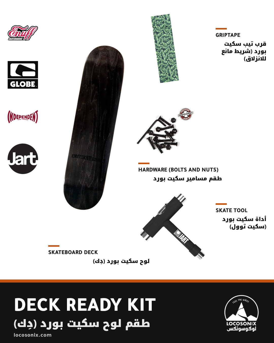 Deck Ready Kit: Enuff Classic skateboard deck, Globe griptape, Independent hardware and Jart skate tool, shown together