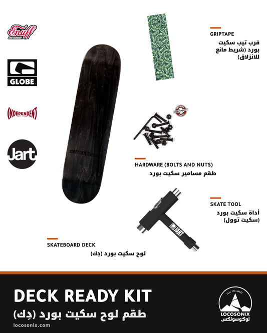 Deck Ready Kit: Enuff Classic skateboard deck, Globe griptape, Independent hardware and Jart skate tool, shown together