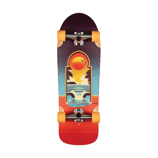 Globe Aperture longboard complete, bottom with a sunset and waves graphic in red, orange and teal and orange wheels on a white background