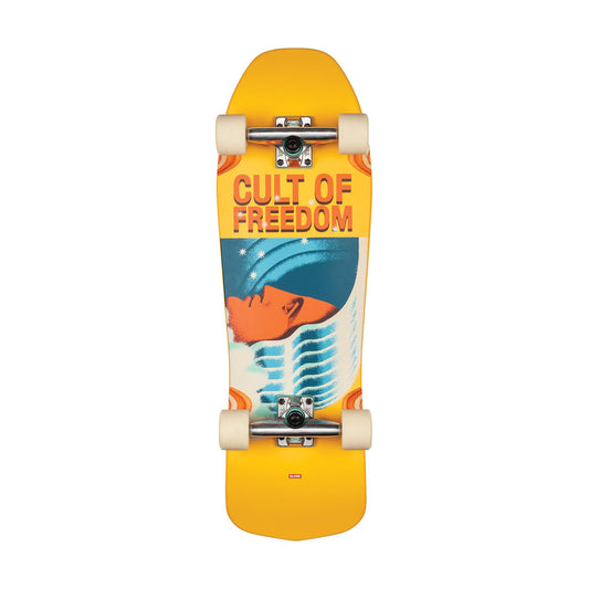Globe Blaster longboard complete, yellow bottom with the Cult of Freedom graphic and cream wheels on a white background