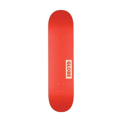 Globe Goodstock skateboard deck in red with a cream Globe label on a white background