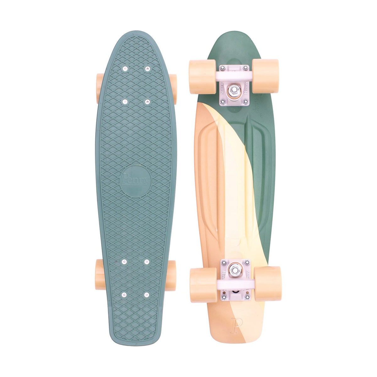 Penny Swirl 22 inch complete, top and bottom views of the sage green deck with a cream and peach swirl and peach wheels on a white background