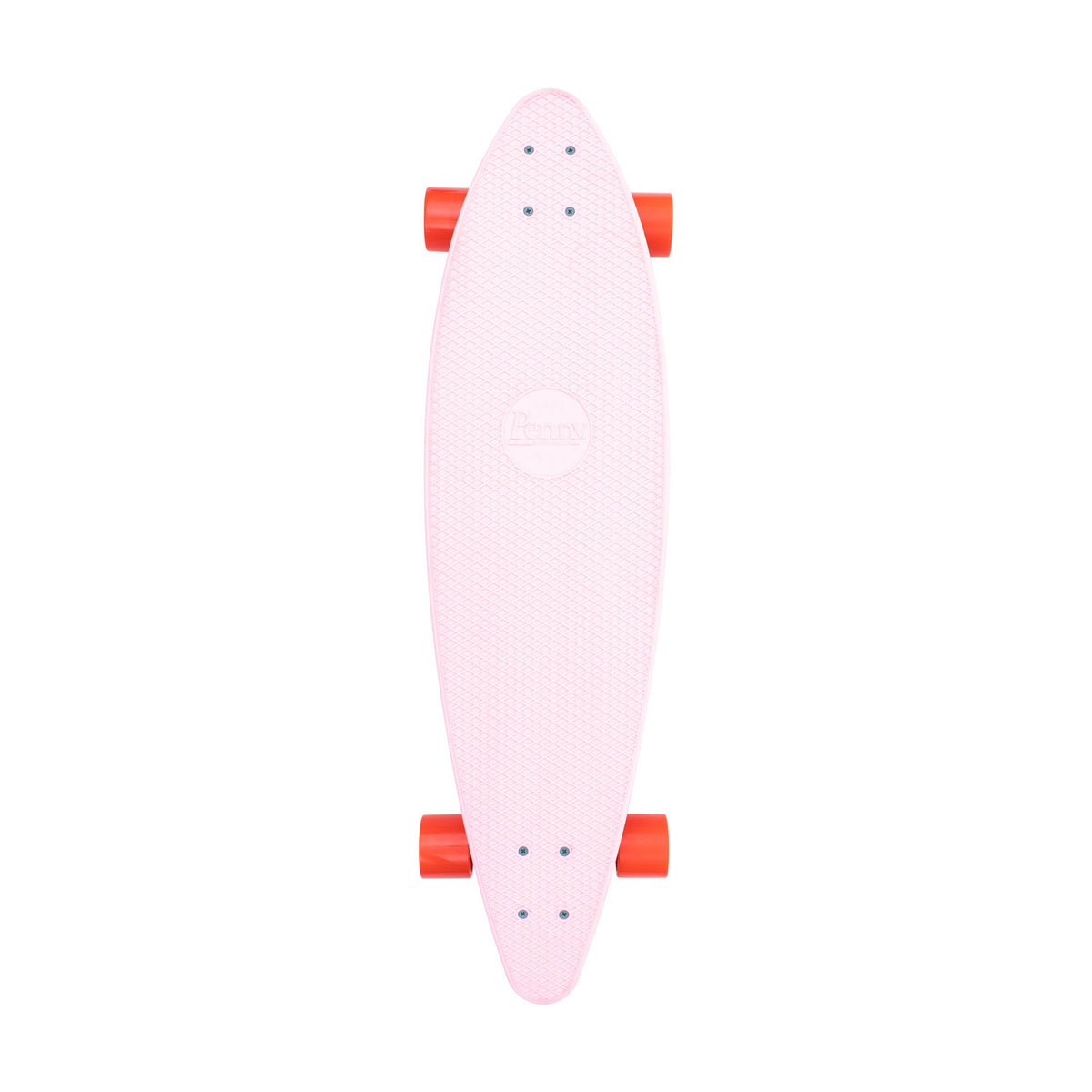 Penny Cactus Wanderlust 36 inch longboard, top view of the pink deck with orange wheels on a white background