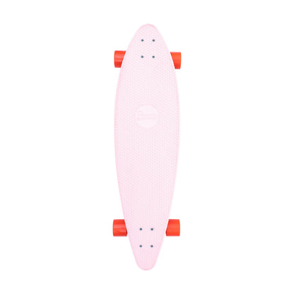Penny Cactus Wanderlust 36 inch longboard, top view of the pink deck with orange wheels on a white background