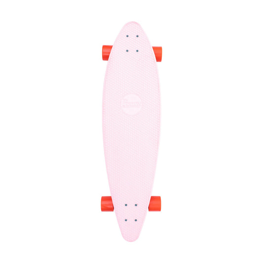 Penny Cactus Wanderlust 36 inch longboard, top view of the pink deck with orange wheels on a white background