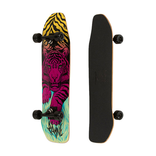 Rayne Tiger longboard complete, bottom with a pink and yellow tiger graphic beside the black griptape top on a white background