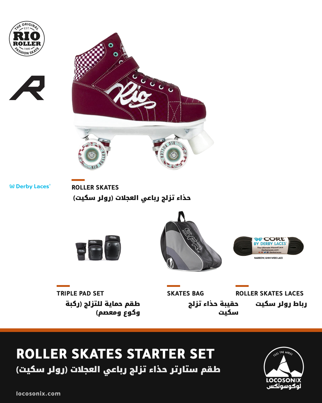 Rio Mayhem II Roller Skates Starter Set: skates, REKD triple pad set, SFR skates bag and Derby laces, shown together