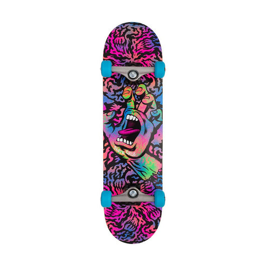 Santa Cruz Obscure Hand Large skateboard complete, bottom with a pink and blue psychedelic screaming hand graphic and blue wheels on a white background