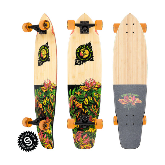 Sector9 Eden Ft. Point longboard complete, three views of the bamboo deck with a tropical flower graphic and orange wheels on a white background