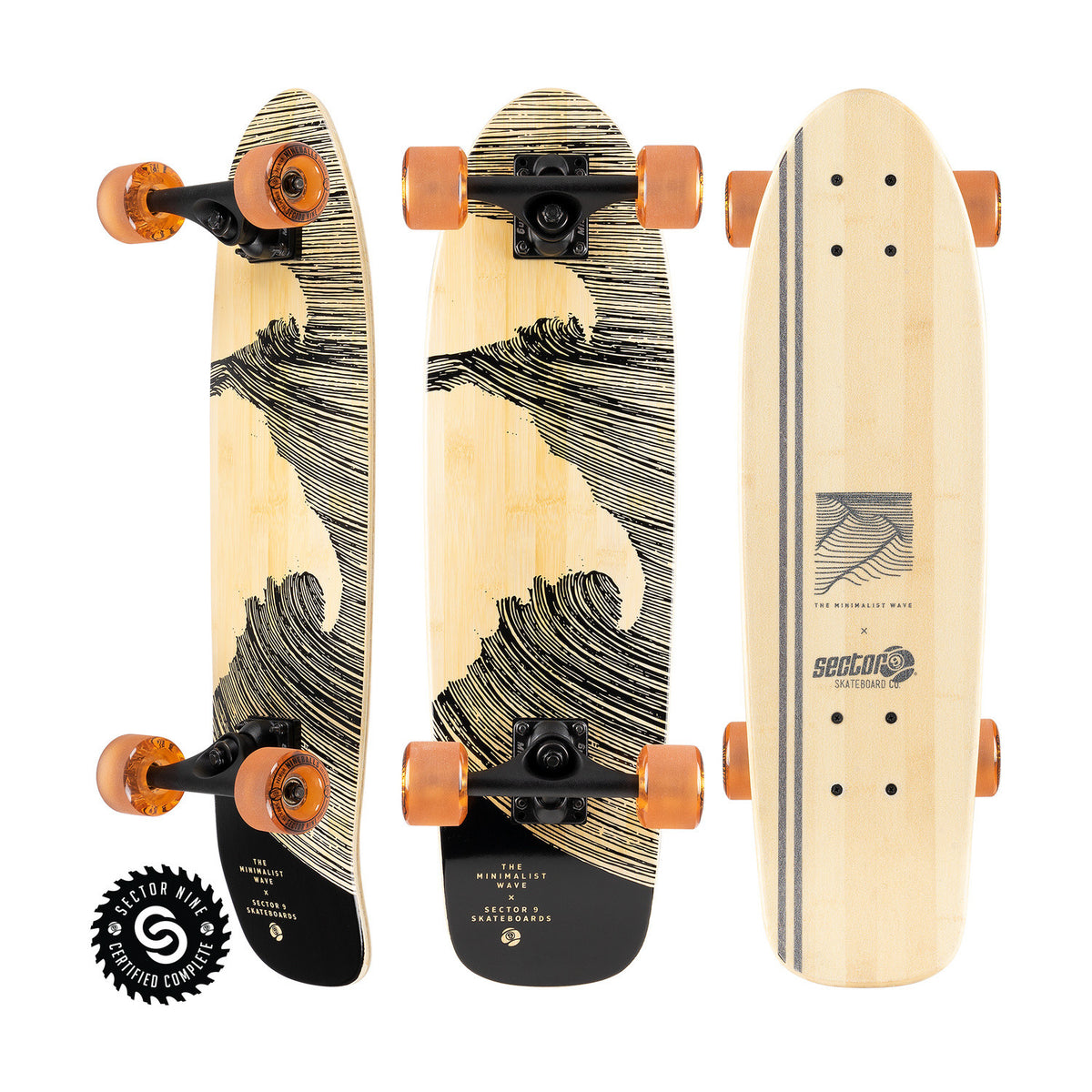 Sector9 Bambino Combo longboard complete, three views of the bamboo deck with a black wave graphic and orange wheels on a white background