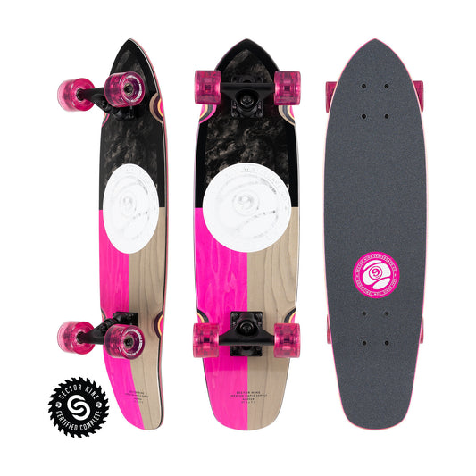 Sector9 Hopper Divide longboard complete, three views with a split pink and natural bottom, a white circle graphic and pink wheels
