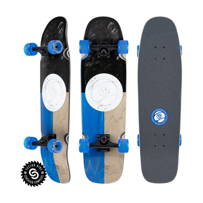 Sector9 Ninety Five Divide longboard complete, three views with a split blue and natural bottom, a white circle graphic and blue wheels