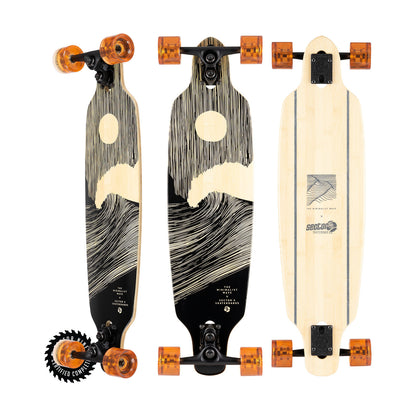 Sector9 Shoots Full Moon longboard complete, three views of the bamboo deck with a black wave and moon graphic and orange wheels on a white background