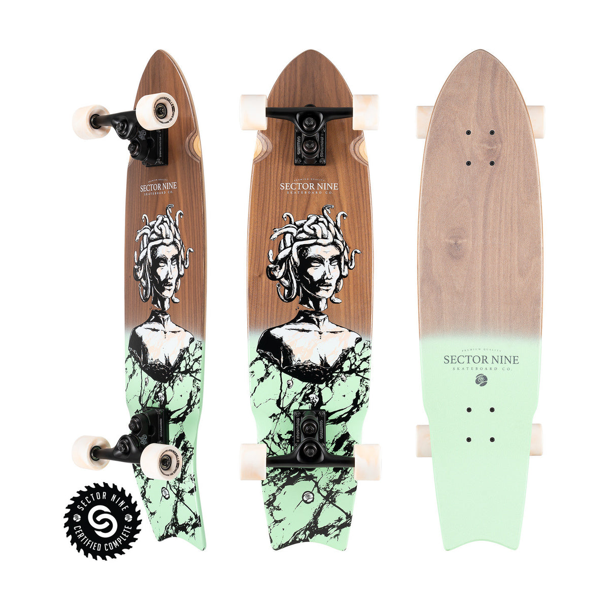 Sector9 Unagi Gorgon Walnut longboard complete, three views with a walnut deck, a statue head graphic, a faded mint tail and cream wheels on a white background