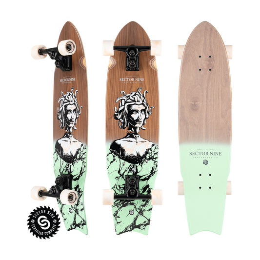 Sector9 Unagi Gorgon Walnut longboard complete, three views with a walnut deck, a statue head graphic, a faded mint tail and cream wheels on a white background