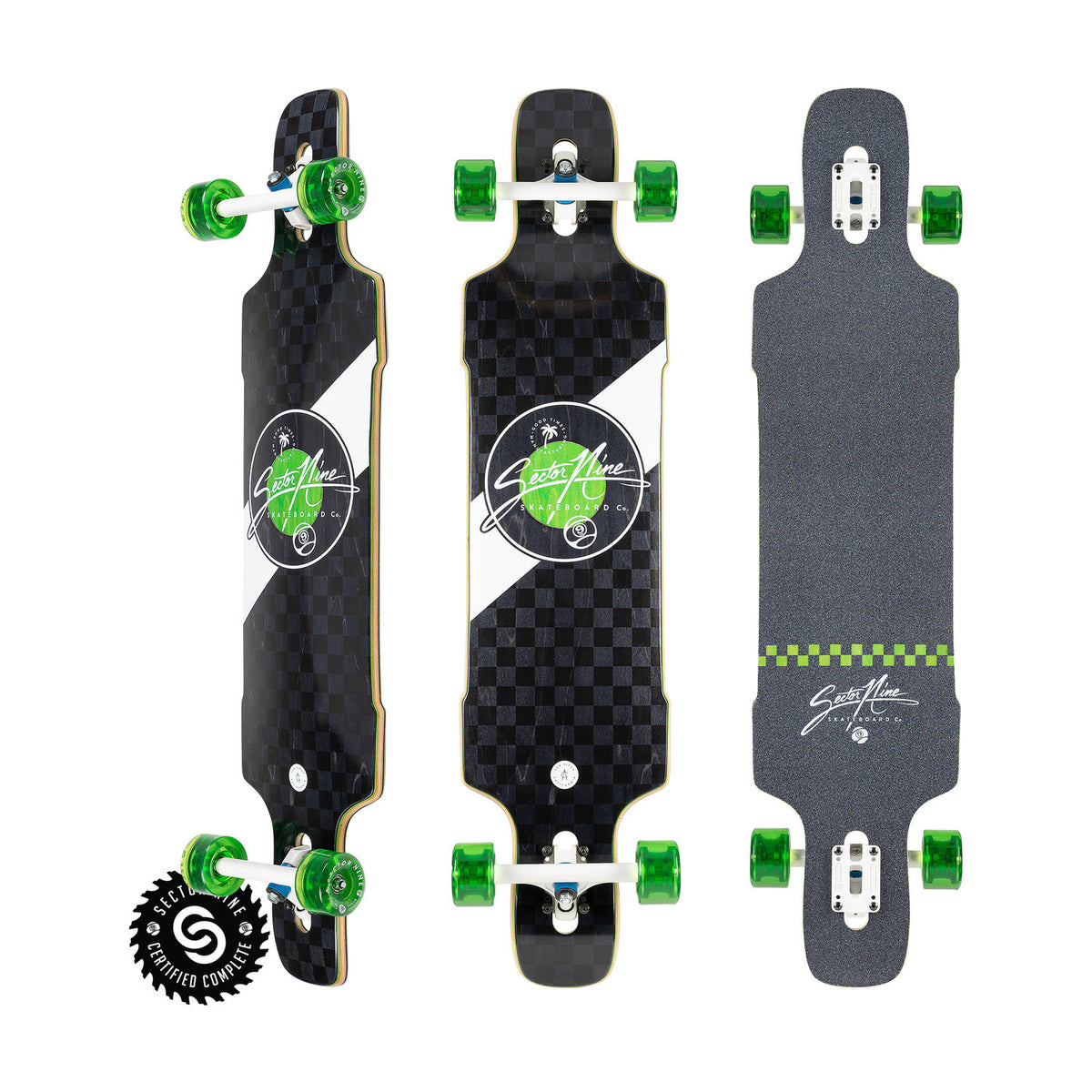 Sector9 Mosaic Dropper longboard complete, three views with a black checkered bottom, white lines, a green logo circle and green wheels