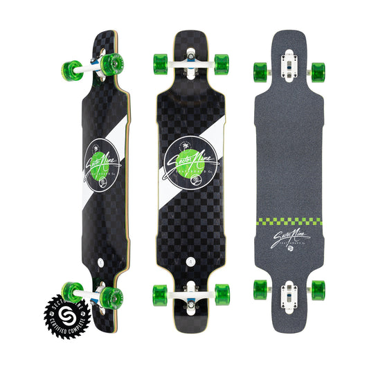 Sector9 Mosaic Dropper longboard complete, three views with a black checkered bottom, white lines, a green logo circle and green wheels